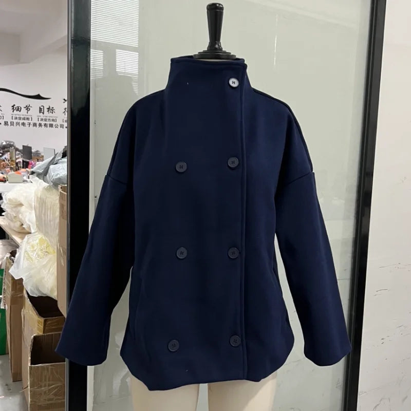 Fashion Short Woolen Coat For Women Stand Collar Full Sleeve Loose Zipper Jacket Female 2025 Spring Autumn Solid Lady Outwear LadyShow.Store