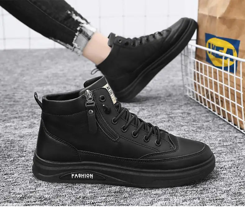 Men Boots Autumn High Top Leather Casual Shoes Fashion Cotton Shoes Flat Ankle Boots Business Outdoor Shoes Man Sneakers New Pi-Mart