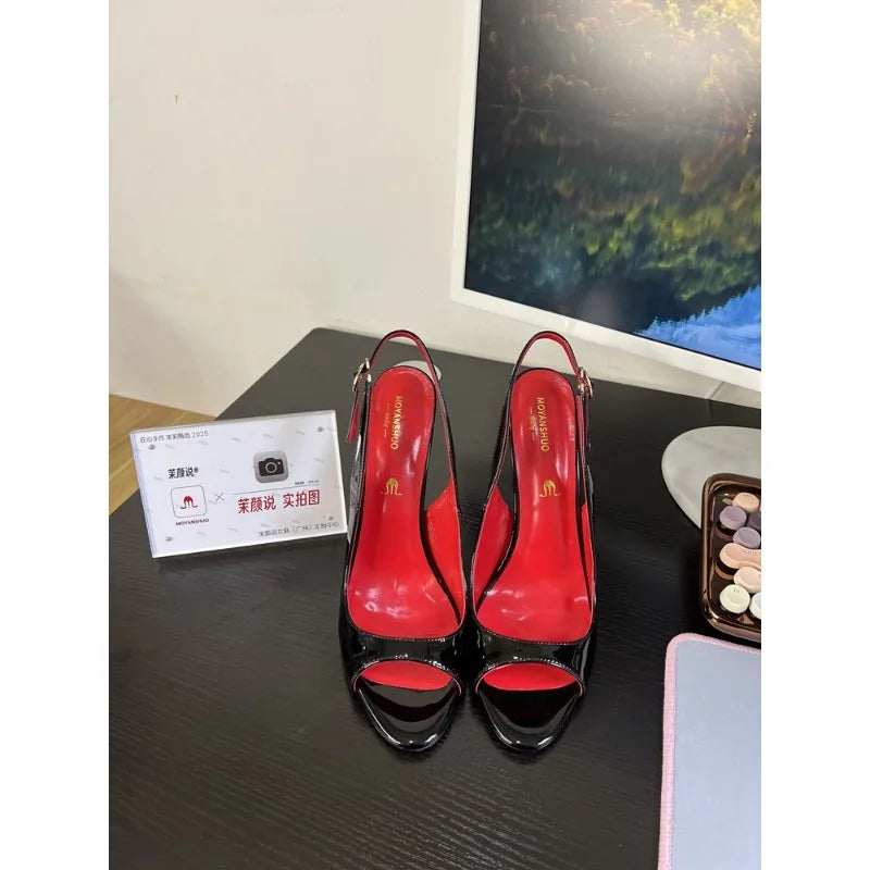 Black Fish Mouth Open toed Ultra High Heels 12cm Rear Tripstrap Thin Heel European and American Sexy Women's Large Sandals Pi-Mart
