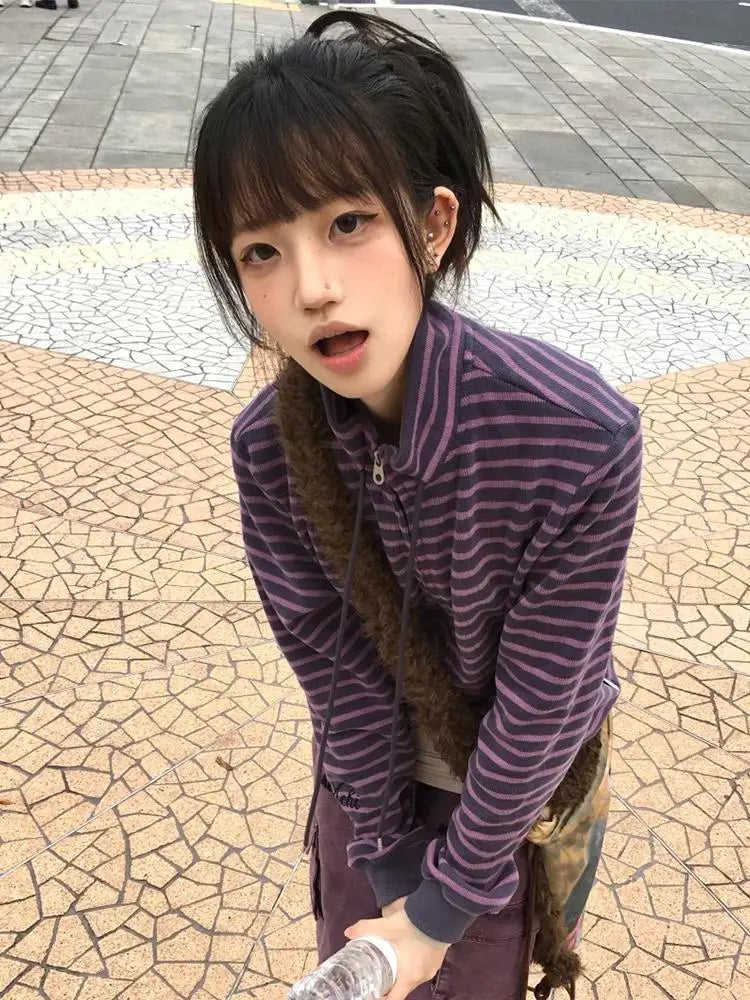 Tonngirls Y2k Japanese Sweatshirts Women Long Sleeve Striped Stand Collar Sweatshirt High Street Graphic Winter Coats E-girls LadyShow.Store