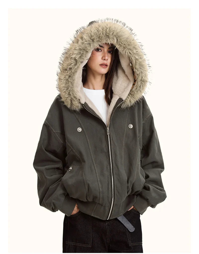 ZAROY Fur Collar Hooded Parkas Y2k Harajuku Thicken Padded Jackets Casual Zipper Gothic Women&Men Winter Coats Streetwear кур LadyShow.Store