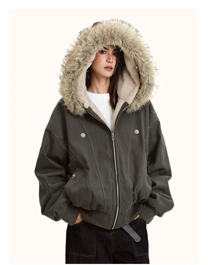 ZAROY Fur Collar Hooded Parkas Y2k Harajuku Thicken Padded Jackets Casual Zipper Gothic Women&Men Winter Coats Streetwear кур LadyShow.Store