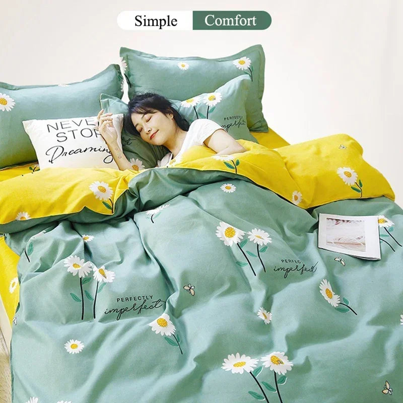 Daisy Printed King Size Duvet Cover Set with Sheets High Quality Washed Cotton Bedding Set Queen Home Bed Sets Comforter Covers LadyShow.Store