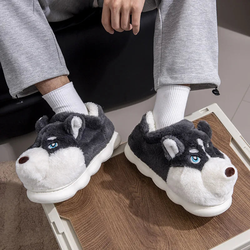 Plus Size 50 Indoor Fluffy Slippers For Women Men Winter Warm Shoes Cute Cartoon Dog Light Weight Couples Home Floor Slipper LadyShow.Store