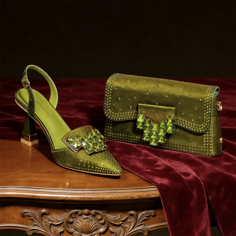 Venus Chan 2026 INS Italy Elegant Rhinestone Pointed Toe High Heels & Matching Bag Set - Perfect for Women's Parties & Weddings Pi-Mart