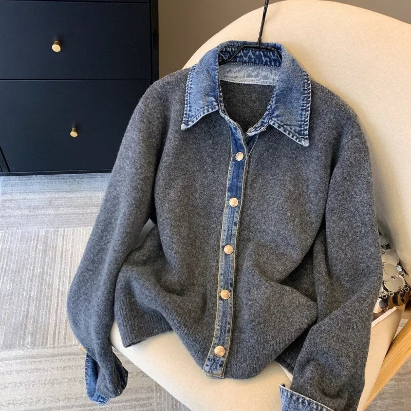 Chic Denim Collar Stitching Fake Two-piece Sweater Women's Cardigan New Single Breasted Knitted Jacket Coat Female Outwear LadyShow.Store