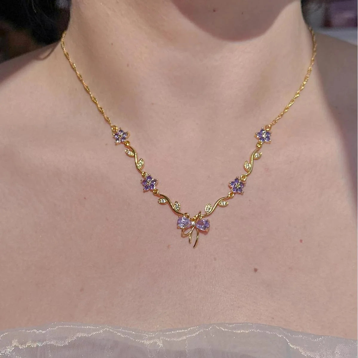 Summer New Fashion Exquisite Bow Leaf Flower Necklace For Women's Elegant Pink Zircon Chain Pendant Jewelry Gifts Pi-Mart