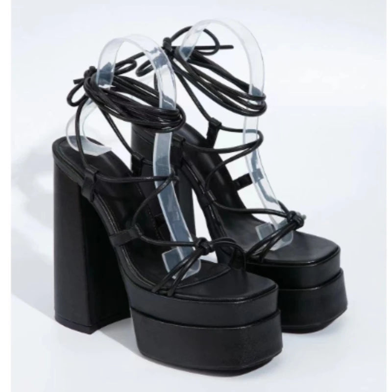 Women Sandals Brand New Sexy Chunky High Heels Pumps Platform Dress Shoes Party Wedding Shoes Cross Lace Up Female Sandals 2025 Pi-Mart