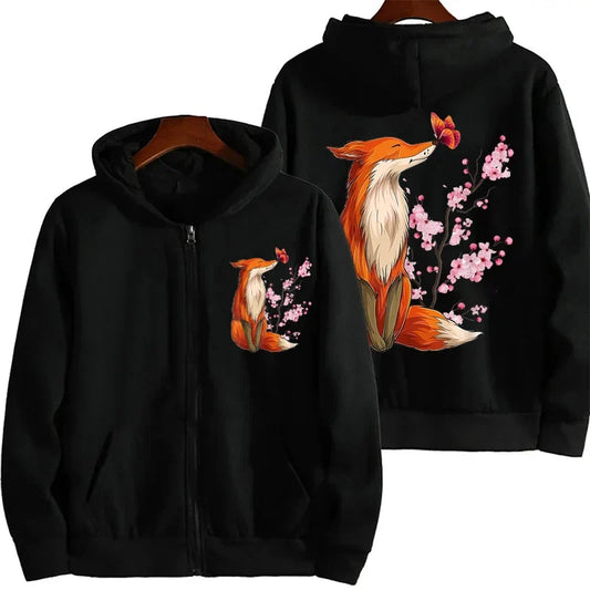 Woman Hoodie Y2K Grunge Zip Up Sweatshirts Vintage Graphic Clothes Fox Cherry Blossom Flower Sakura Aesthetic Clothes for Women LadyShow.Store