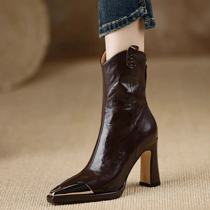 2024 New Metal Square Toe Ankle Boots for Women Fashion Patent Leather Women's Shoes Botas Mujer High Heels Shoes Women Zapatos Pi-Mart