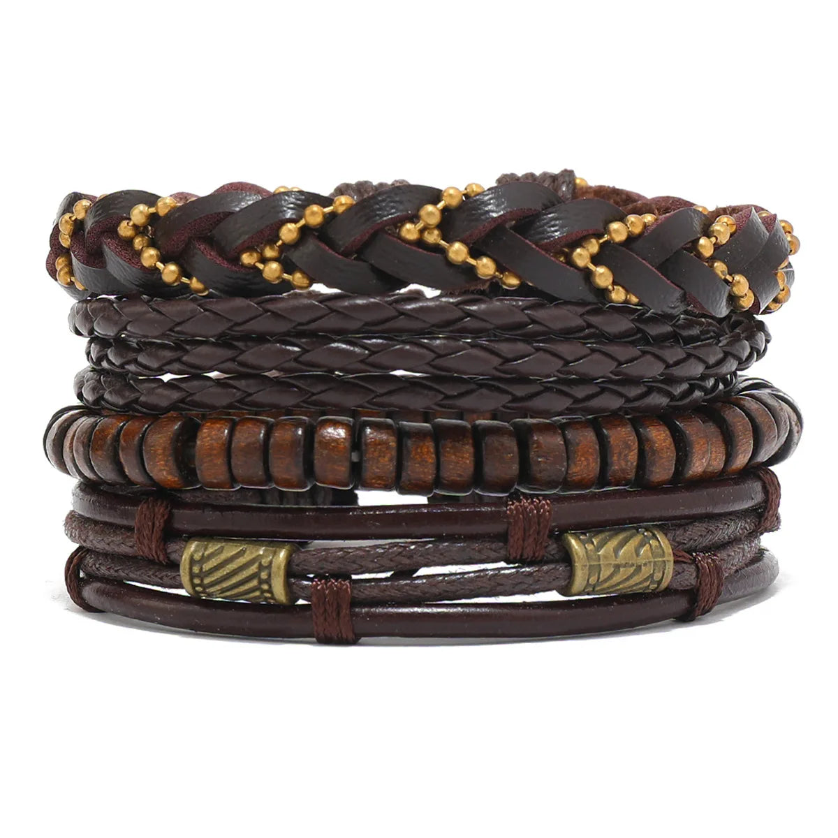 6/4PCS 3Style PU Wodeen Braided Wrap Leather Bracelet for Men Vintage Life Wood Beads Fashion Male Armband Pi-Mart