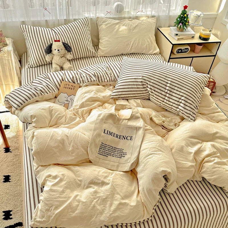 Ins Style Stripes Bedding Duvet Cover Set with Pillowcase bed sheet Full Size Bed Linen Quilt Cover Set Queen/King Double Single LadyShow.Store