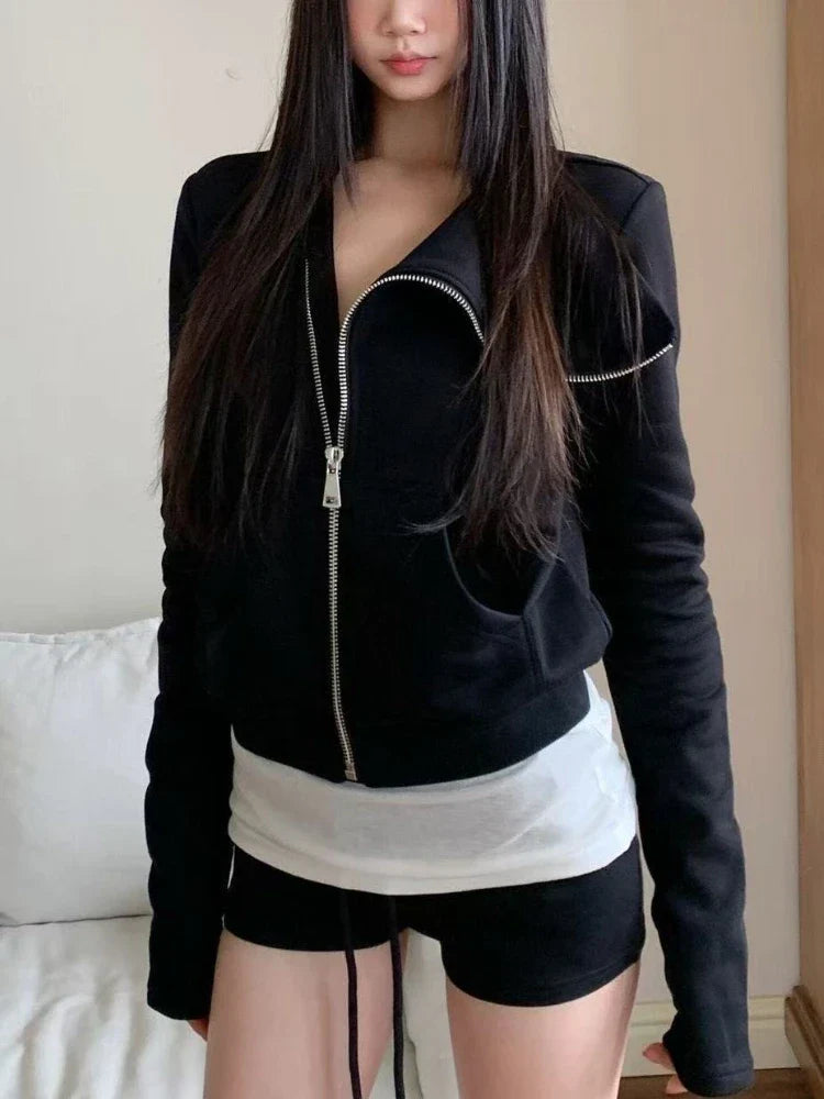 American Vintage Hooded Long Sleeve Jacket Women Autumn Winter Casual Slim Cardigan Top Harajuku Solid Y2k Zipper Clothes 2025 LadyShow.Store
