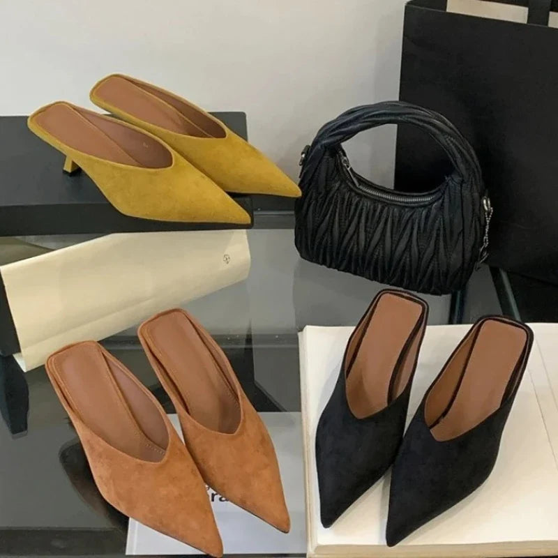 Summer Fashion Thin Mid Heels Women Slippers Elegant Pointed Toe Party Dress Mule Slides Shoes Zapatos Mujer LadyShow.Store