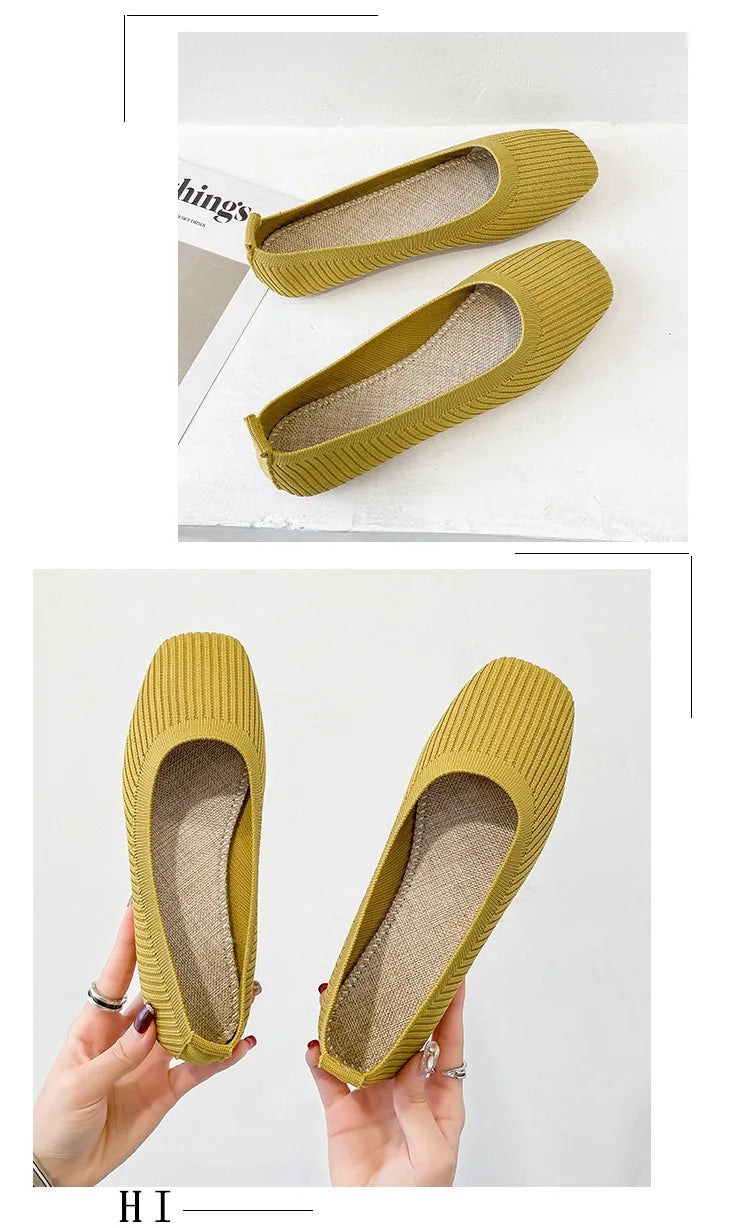 Women Leisure Flats Summer Autumn Flat Shoes Breathable Knitted Square Toe Slip-on Female Daily Walking Driving Loafers Pi-Mart