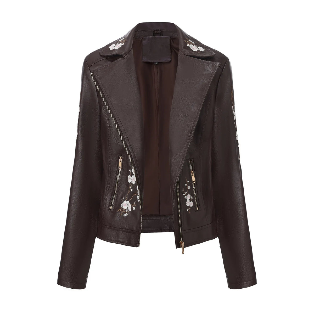 New Fall Women's Black Faux Leather Jacket; White Floral Embroidered PU Coat; Dark Brown Motorcycle-style Top. Pi-Mart