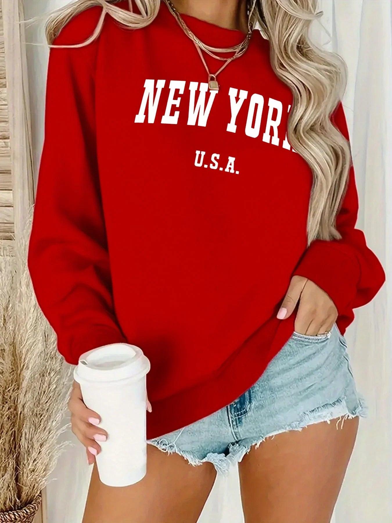 Women's Casual USA Print Pullover Sweatshirt Geometric Design Long Sleeve Round Neck Machine Washable Regular Fit for Autum LadyShow.Store