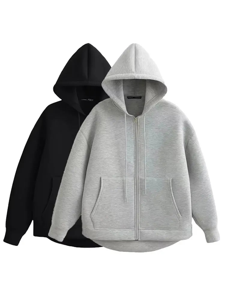 HH Autumn Women Casual Hooded Jacket Loose Oversize Zipper Hoodie Sweatshirts Solid Coat Office Lady Chic Outwear Tops LadyShow.Store