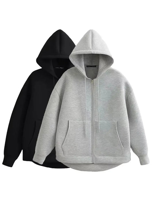 HH Autumn Women Casual Hooded Jacket Loose Oversize Zipper Hoodie Sweatshirts Solid Coat Office Lady Chic Outwear Tops LadyShow.Store