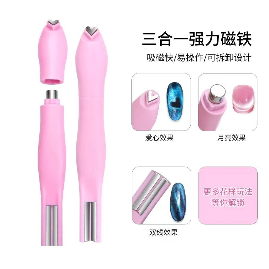 1Pcs 3-In-1 Heart Shape Cat Eye Nail Art Magnet Double Line Moon Snake French Magnet Pen for Magnetic Gel Polish Manicure Tools Tri Light Beauty