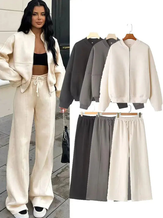 HH Women's Fall 2-Piece Retro Solid Color Zip Bomber Jacket Sweatshirt+High Waist Lace Up Women's Wide Leg Pants Street Wear LadyShow.Store