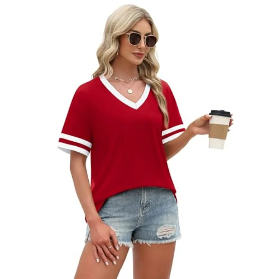 Womens T Shirts Loose Fit Short Sleeve Tees V Neck Color Block Summer Tops 26 Fashion S4XL LadyShow.Store