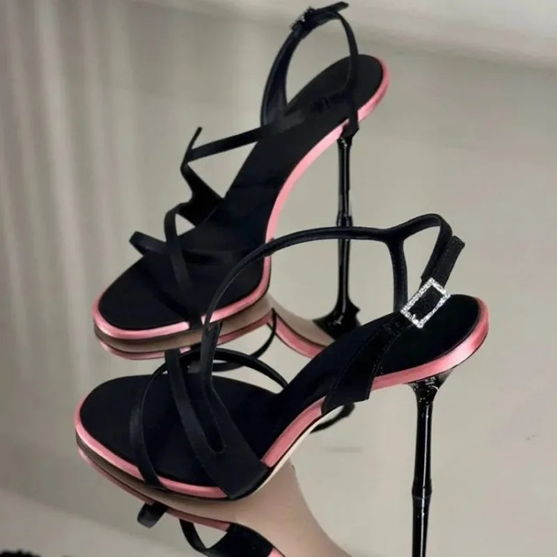 Satin Color Block Stiletto High Heels with One Belt 2025 New Summer Temperament Versatile Sandals LadyShow.Store