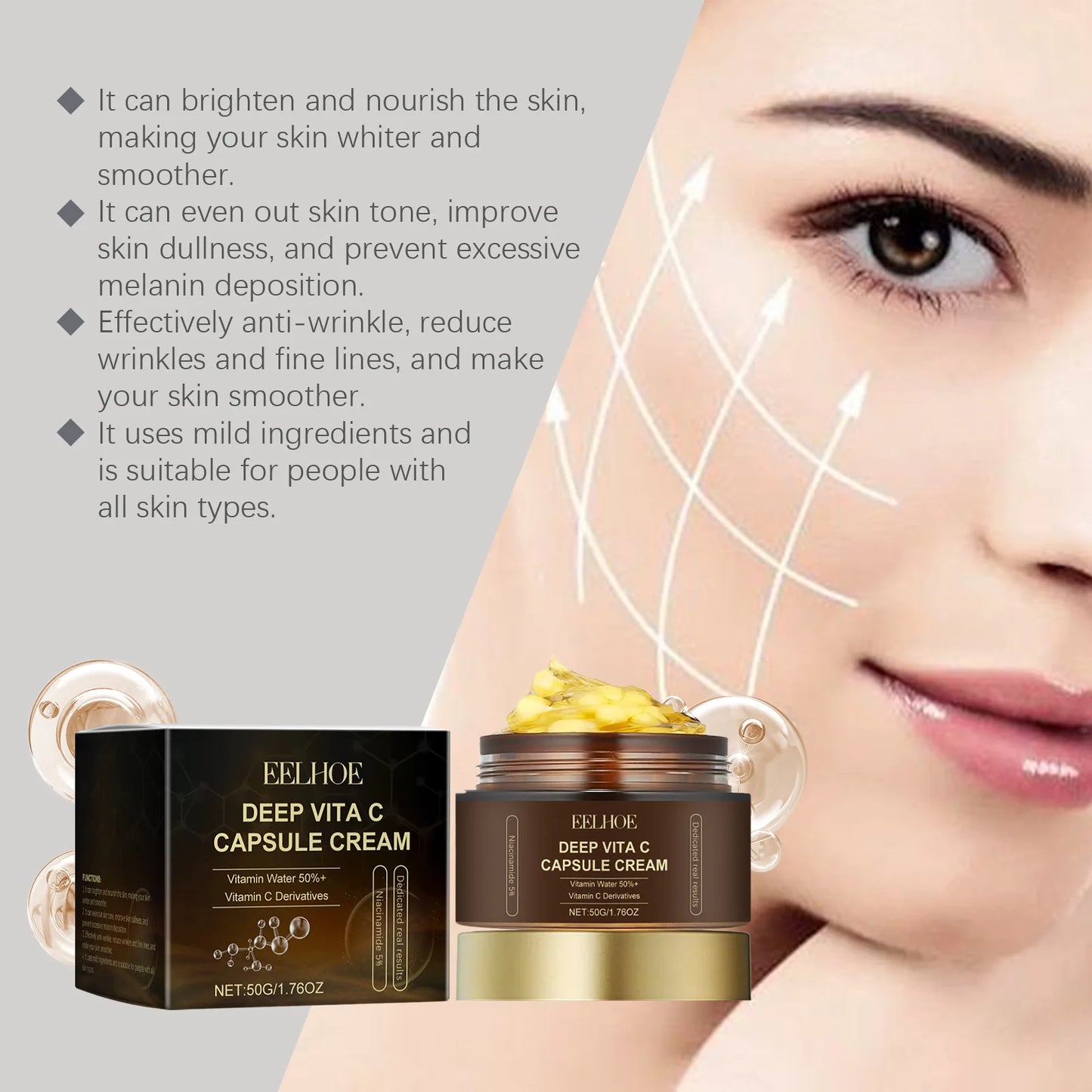Vitamin C Capsules Facial Moisturizing Cream Melanin Removal Rejuvenate Skin Lightening Wrinkles Remover Brightening Face Cream Pi-Mart