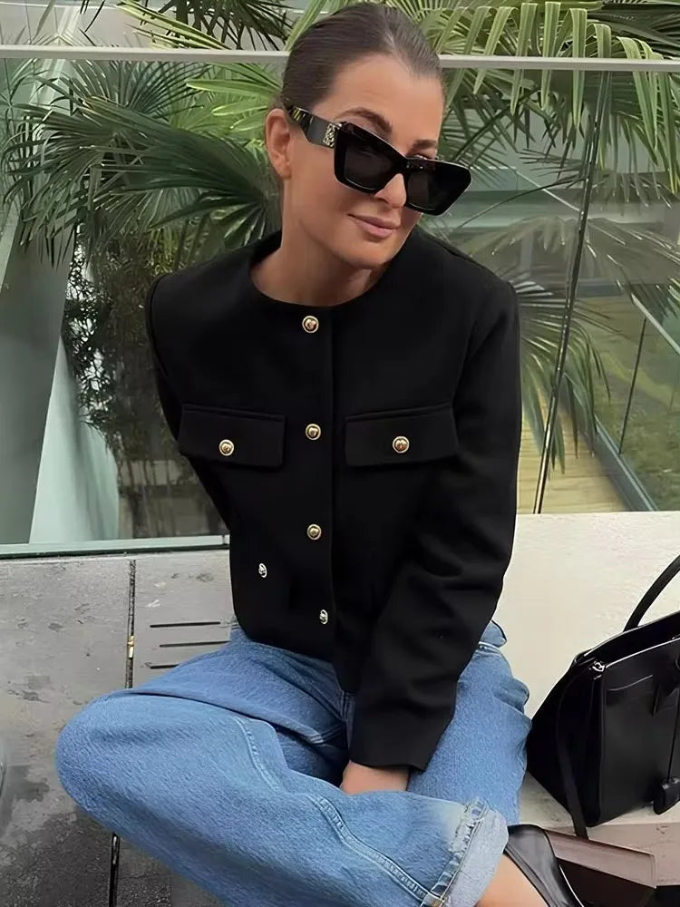 HH Women Vintage Solid Coat Button Long Sleeve O Neck Jacket With Pocket 2024 Spring Elegant Female Casual Outerwear Jakcet LadyShow.Store