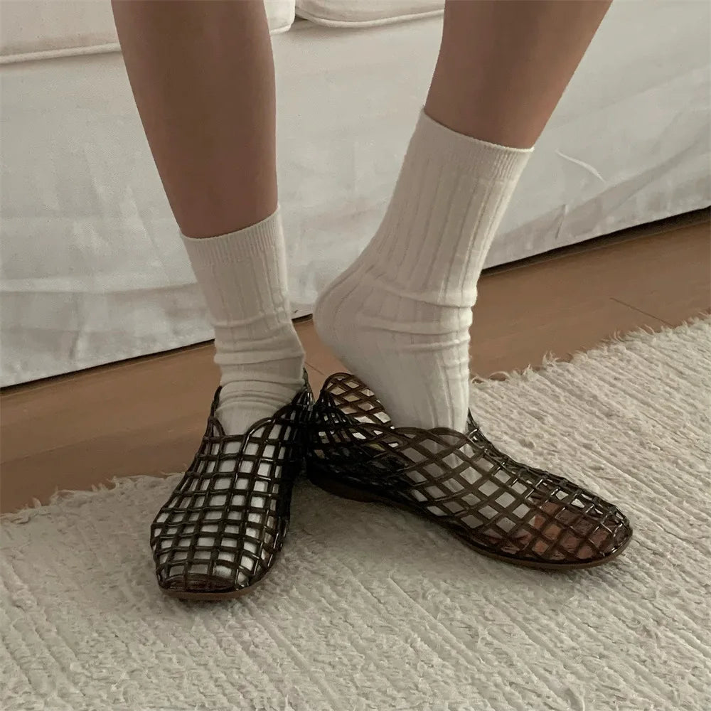 Women's New Flat Sandals with Hollow Transparent Color Mesh Jelly Shoes Woman Daily Walking Flats Plus Size 41 Soft PVC Footwear LadyShow.Store
