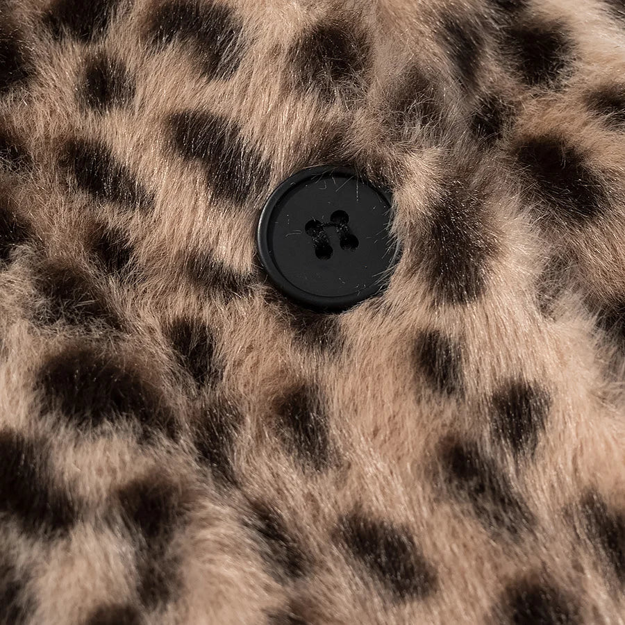 Retro Leopard Faux Fur Short Coat Lady Chic O-neck Single Button Placket Spotted Dot Cropped Long Sleeve Outerwear Street Jacket Pi-Mart