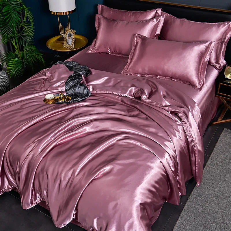 A/B Double-Sided Color Bedding Set Silky Satin Duvet Cover Bed Sheet Pillowcase Luxury Bedsheet King Queen Double Twin Size LadyShow.Store