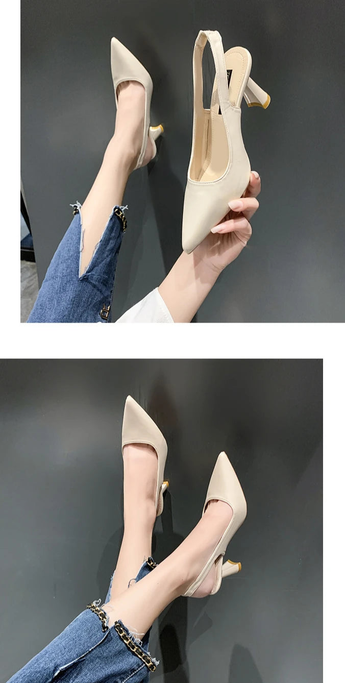Summer Fashion New Breathable Pointed Toe Stiletto Heel PU Comfortable and Elegant Women's Shoes Shallow Mouth Sexy Sandals Pi-Mart