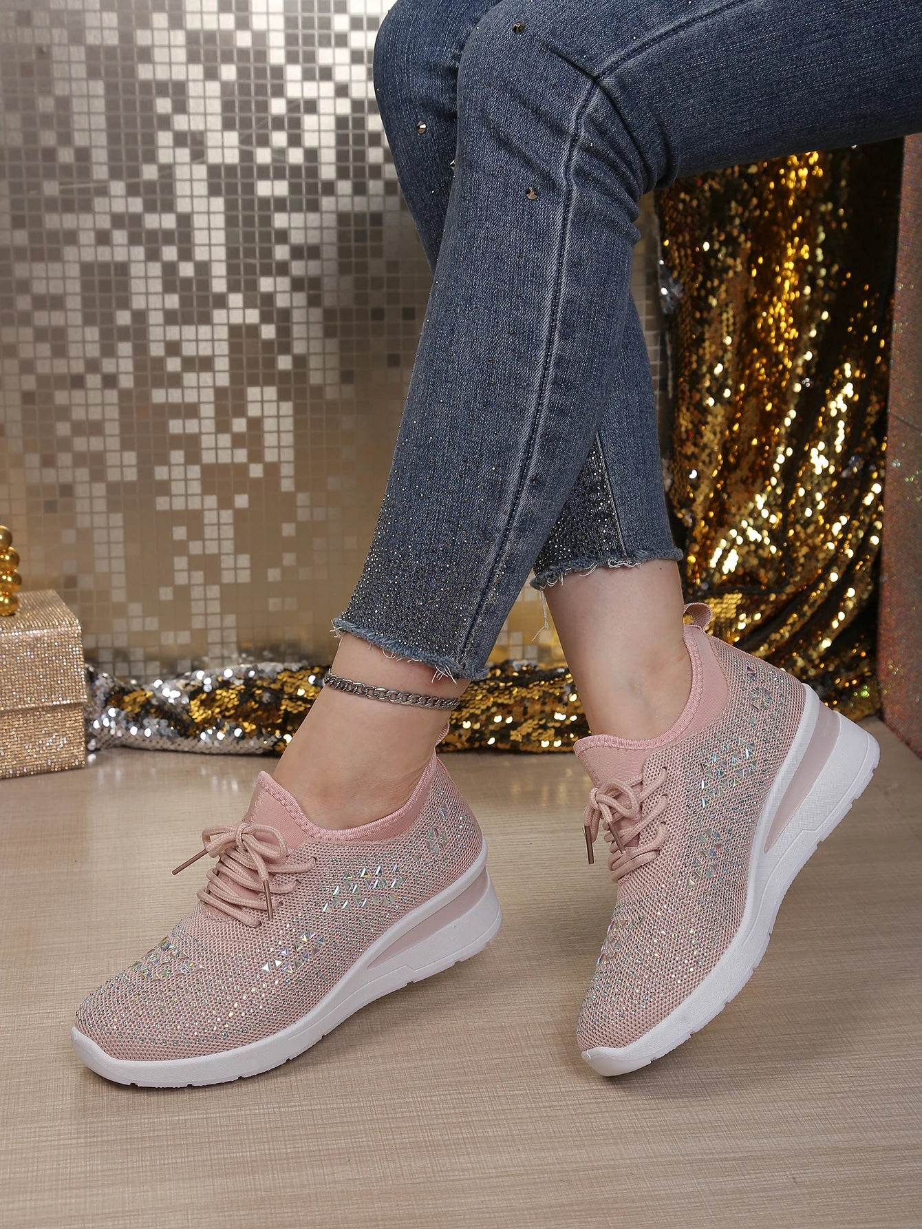 Women's Rhinestone Embellished Knit Mesh Wedge Sneakers, Adjustable Lace-Up Closure, Daily Walking Casual Footwear Pi-Mart