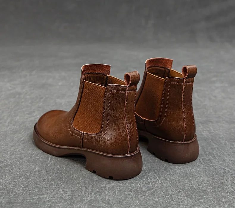 DRKANOL Fashion Women Thick Heel Ankle Boots Autumn Winter Warm Shoes Round Toe Real Cowhide British Style Slip On Chimney Boots Pi-Mart