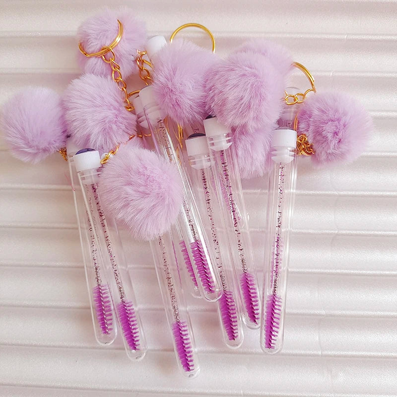 10pcs Eyelash Eyebrow Brush With Hairball Keychain Mascara Wand Reusable Lash Extension Clear Micro Comb Container Makeup Tool Pi-Mart