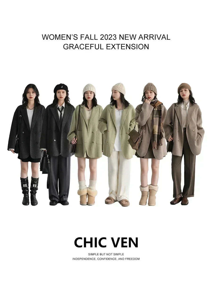 CHIC VEN Women's Woolen Coats Fashion Solid Loose Warm Jackets Korean Casual Office Lady Female Clothing Spring Autumn New 2026 LadyShow.Store