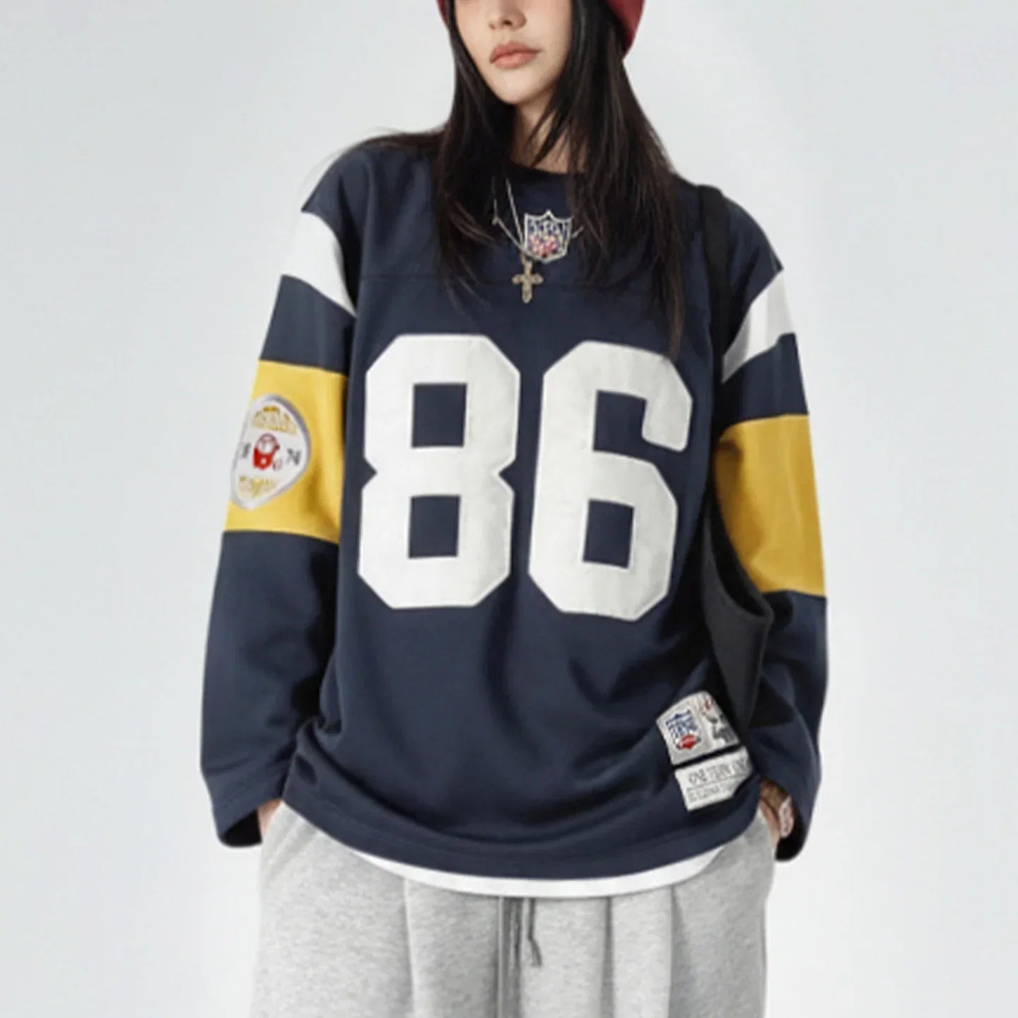 Maden Women’s Retro Embroidered Rugby Pullover Sweatshirt Mid-length Baggy Thick Outerwear Cozy Spring Fall Female Top LadyShow.Store