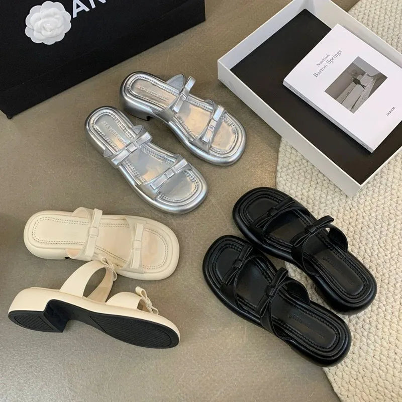New Summer Women's Slippers 2024 Stylish Peep-toe Low Heel Silver Women's Comfortable Beach Shoes Sapatilas LadyShow.Store