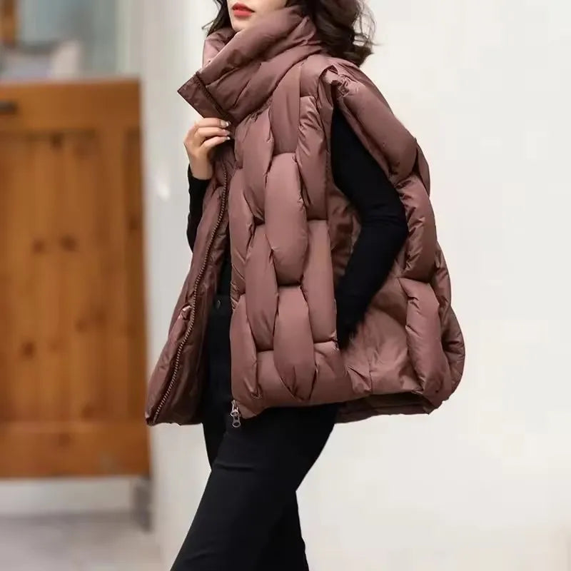 Women Thick Cotton Vest Women Square Weave High Collar Warm Waistcoat Casual  Warm Puffer Bubble Sleeveless Jacket LadyShow.Store