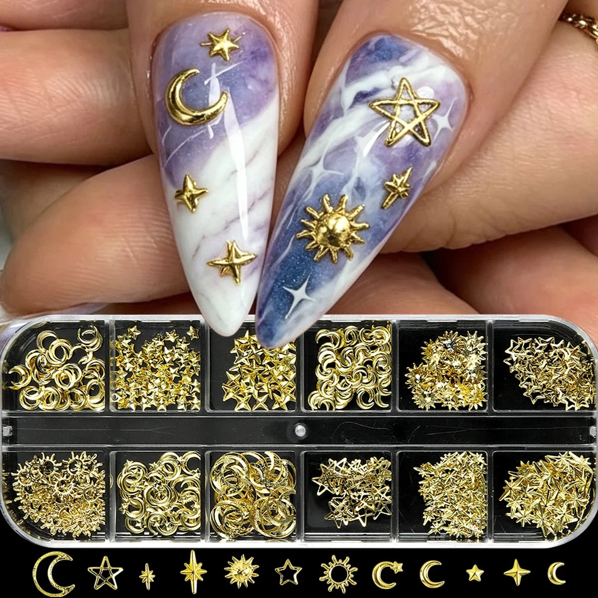 6/12Grids Gold Star Moon Metallic Rivet 3D Nail Charms Alloy Sun Moon Starlight Rhinestones Nail Studs For Nail Art Decoration Pi-Mart