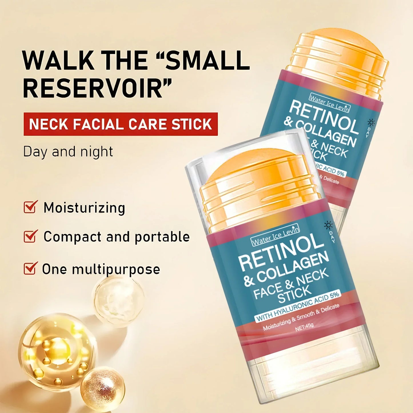 Retinol and Collagen Facial and Neck Care Stick Containing Hyaluronic Acid 5%, Moisturizing and Firming, Locking in Moisture, Day and Night Care, Portable Skin Care Tri Light Beauty