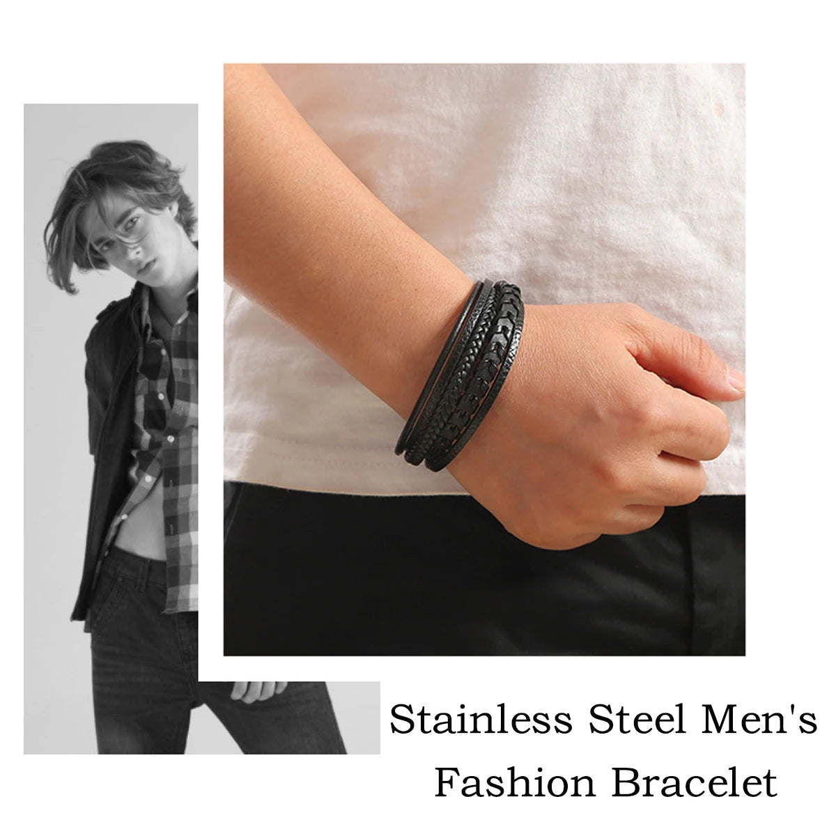 1pc Fashion Accessories MEN'S Multi-layered Vintage Leather Rope Braided Bracelet Alloy Magnetic Buckle Bracelet Pi-Mart
