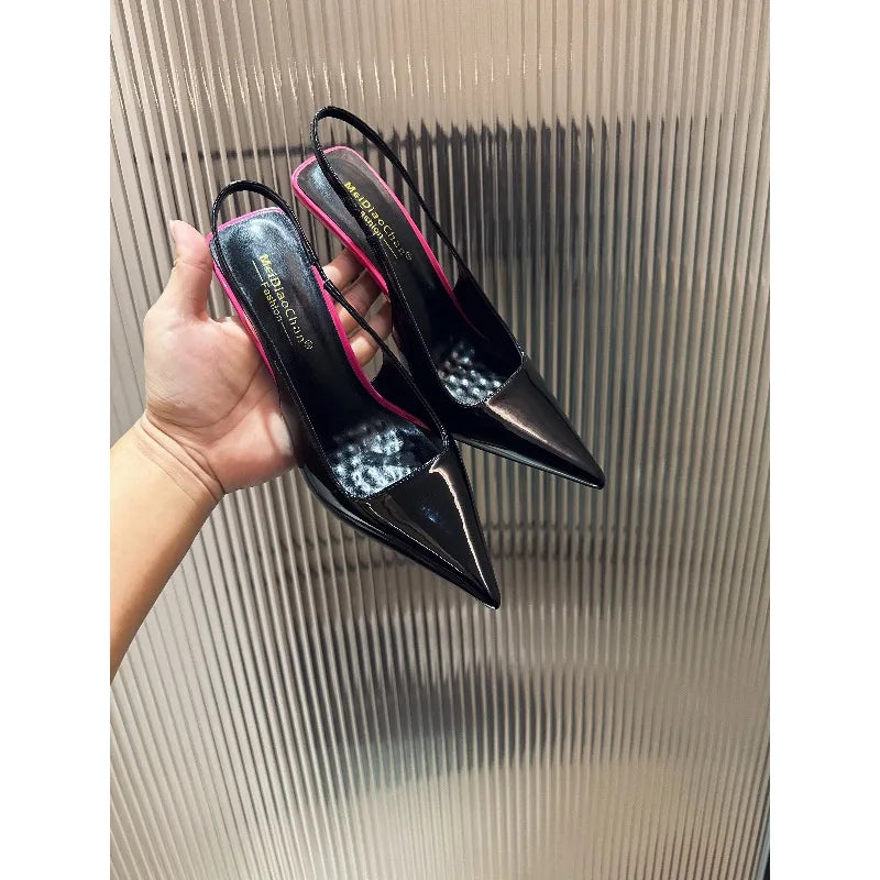 New Patent Leather Pointed Back Hollow Thin Heel Women's Sandals High Heels Thin Heel Sexy Back Hollow Temperament Single Shoe Pi-Mart