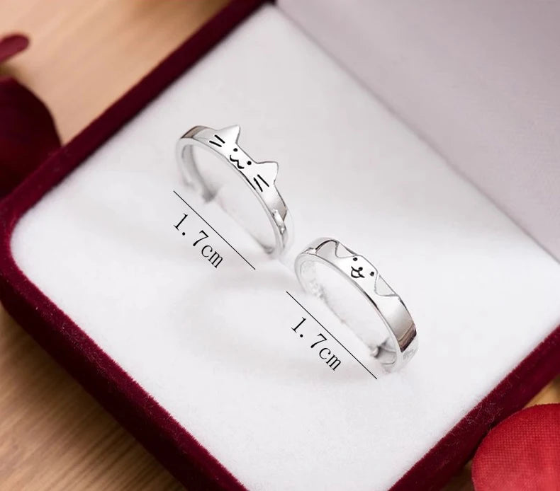 2pcs Simple Design Cute Cat Dog Animal Adjustable Couple Ring for Women Men Cartoon Fashion Couple  Friends Rings Jewelry Gifts Pi-Mart
