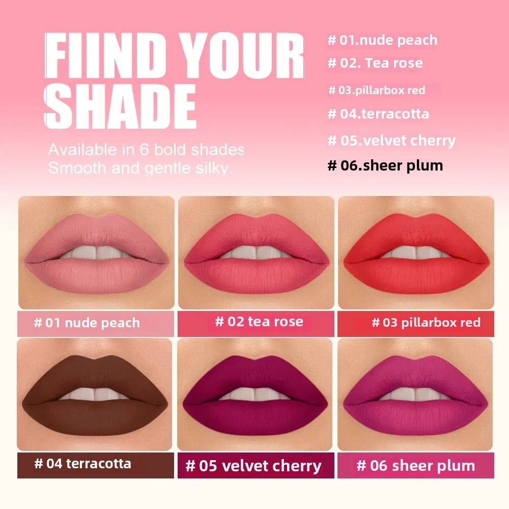 Matte Lipstick Nude Peach Brown Cherry Shades Velvety Smooth Long-Lasting Rich Pigment Waterproof Non-Stick Cup Lip Stick Makeup Pi-Mart