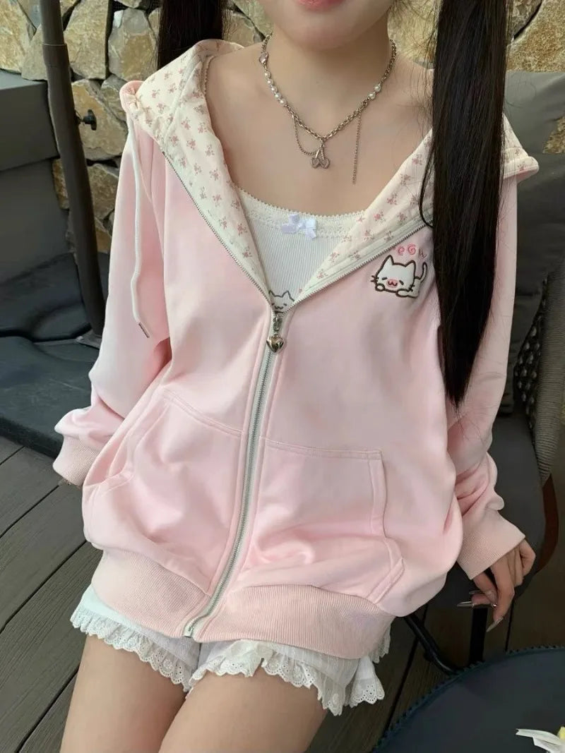 Y2k Hoodies Green Kawaii Cat Floral Print Hooded Zip-up Woman Sweatshirts Pink Thin Jacket Spring Fall Clothes Cute Streetwear LadyShow.Store