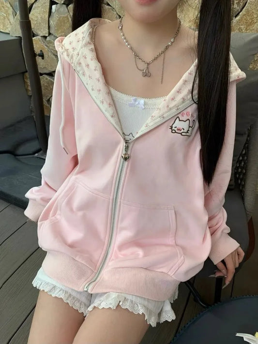 Y2k Hoodies Green Kawaii Cat Floral Print Hooded Zip-up Woman Sweatshirts Pink Thin Jacket Spring Fall Clothes Cute Streetwear LadyShow.Store