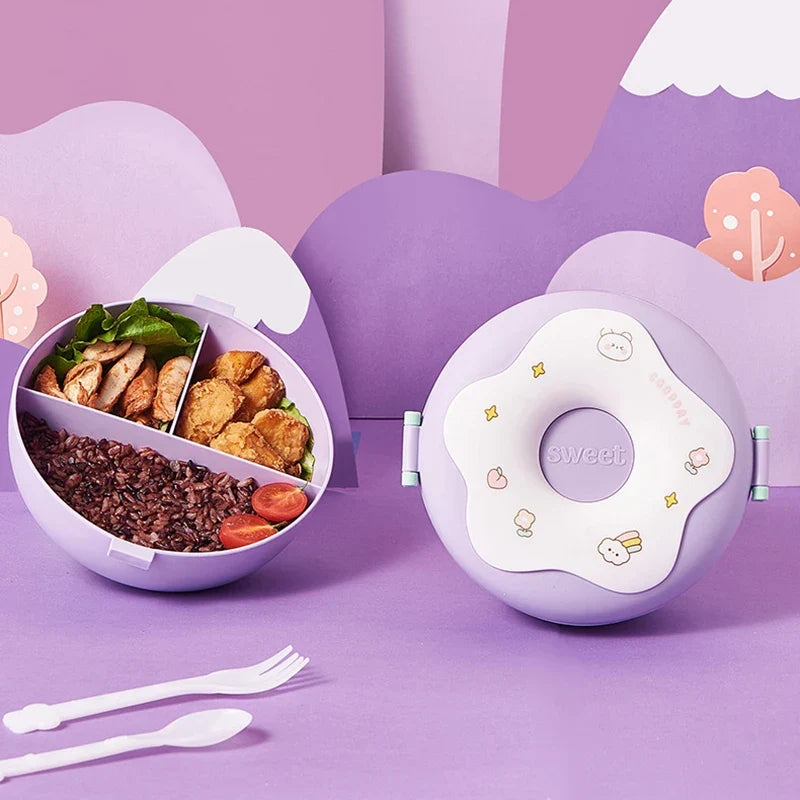 Lunch Box For Kid School Child Snack Box Donut Cartoon Leakproof Bento Box Lunch Bags With Fork Spoon 3 Compartment Microwavable LadyShow.Store