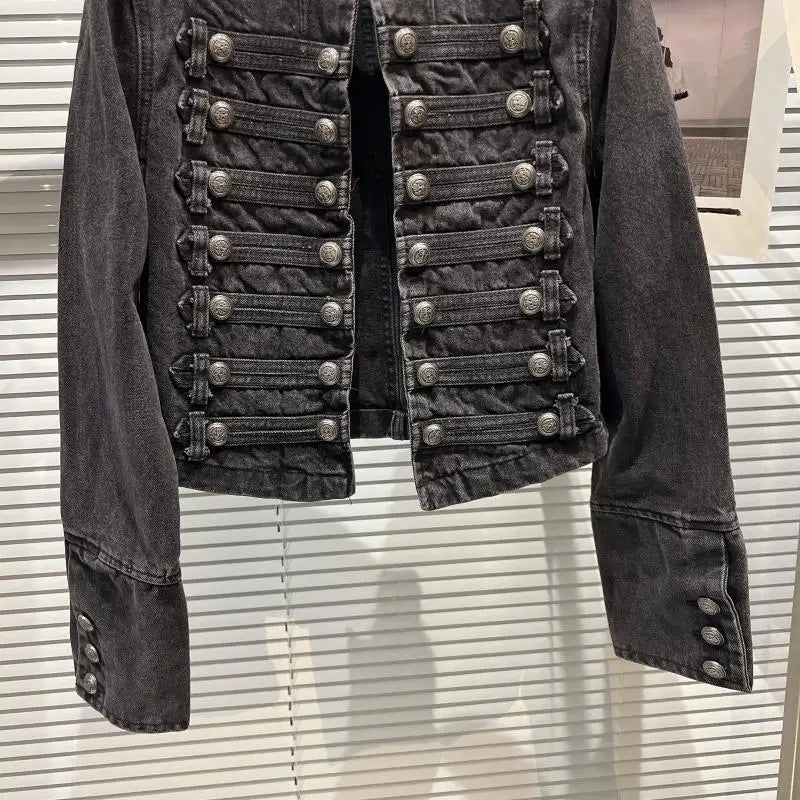 Punk Style Black Stand Up Collar Denim Jackets Vintage Washed Motor Coat For Women 2025 Autumn New Loose Long Sleeve Outerwear LadyShow.Store